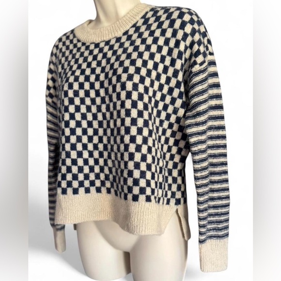 Madewell Sweaters - Madewell Alpaca Blend Checkerboard Sweater Blue Cream Cozy Oversized small